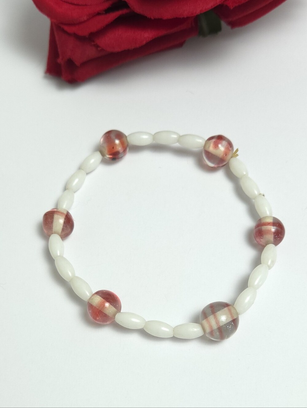 Handmade Vintage Milk Glass Beads & Red Swirl Glass Beaded Bracelet Stretch